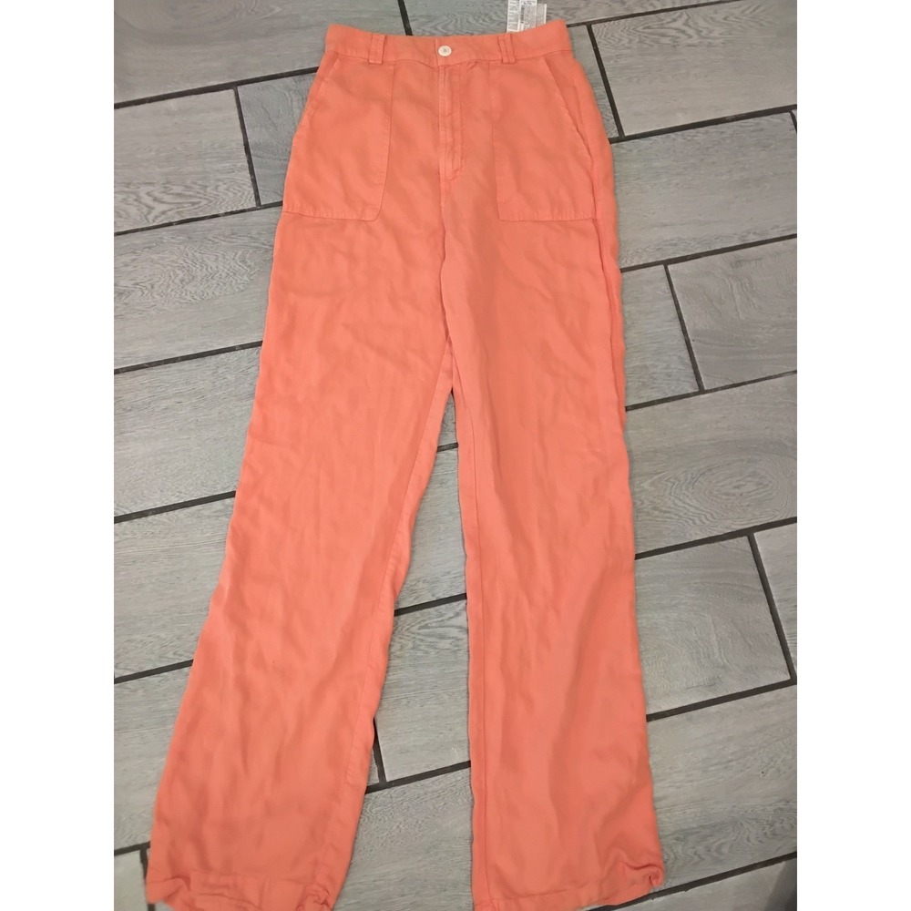 Zara Coral Orange 100% Lyocell High Waisted Wide Leg Patch Pocket Pants Womens M